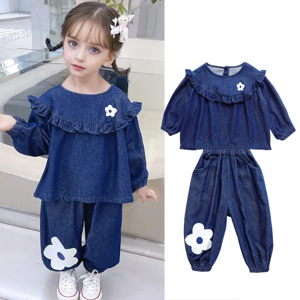 【12M-6Y】2-piece Girl Cute Floral Print Ruffled Denim Long-sleeved Top And Pants Set - Popopieshop.com 