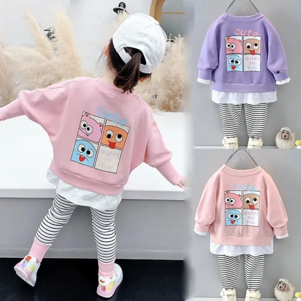 【12M-6Y】2-piece Girls Cute Fake Two-piece Cartoon Print Round Neck Sweatshirt And Striped Leggings Set - Popopieshop.com 