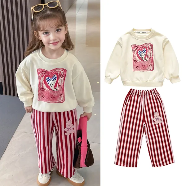 【18M-12Y】2-piece Girls Sweet Cartoon Print Round Neck Sweatshirt And Striped Straight Pants Set - Popopieshop.com 