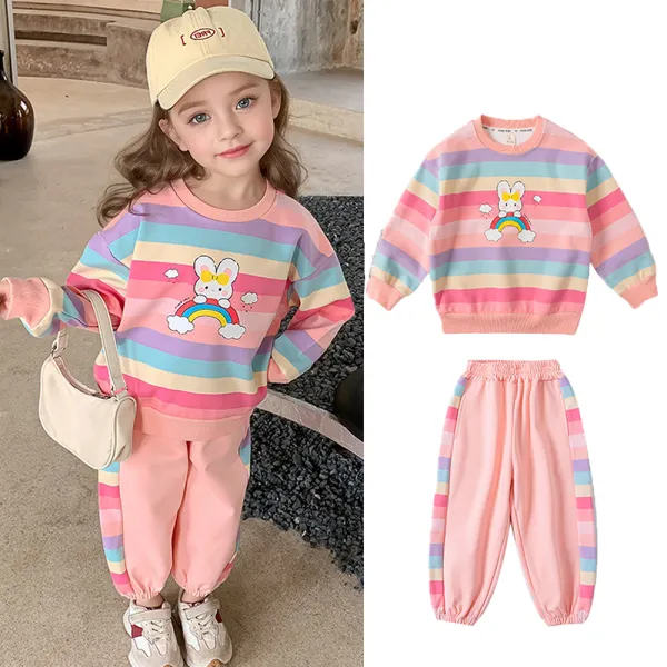 【18M-8Y】2-piece Girls Sweet Rainbow Stripe Rabbit Print Round Neck Sweatshirt And Pants Set - 34747 - Popopieshop.com 
