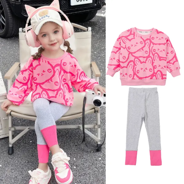 【12M-6Y】2-piece Girls Cute Cotton Rabbit Print Crew Neck Sweatshirt And Leggings Set - 34751 - Popopieshop.com 