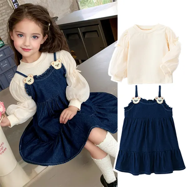 【2Y-8Y】2-piece Girls Sweet White Puff Sleeve T-shirt And Suspender Denim Skirt Set - 34748 - Popopieshop.com 