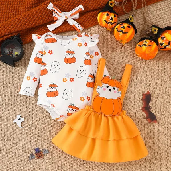 【0M-18M】3-piece Baby Girl Halloween Cartoon Ghost Print Long Sleeve Romper And Strap Skirt Set With Headband - Popopieshop.com 
