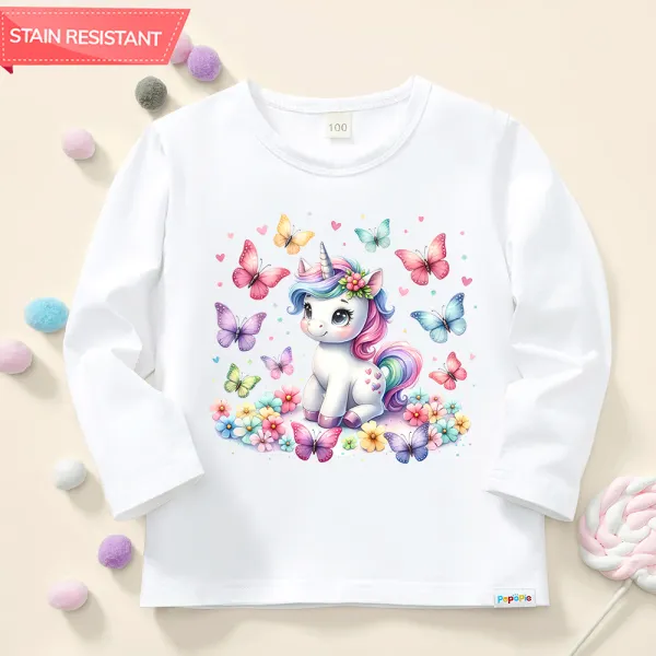 【12M-9Y】Girls Cotton Stain Resistant Unicorn Butterfly Print Long Sleeve Tee - Popopieshop.com 