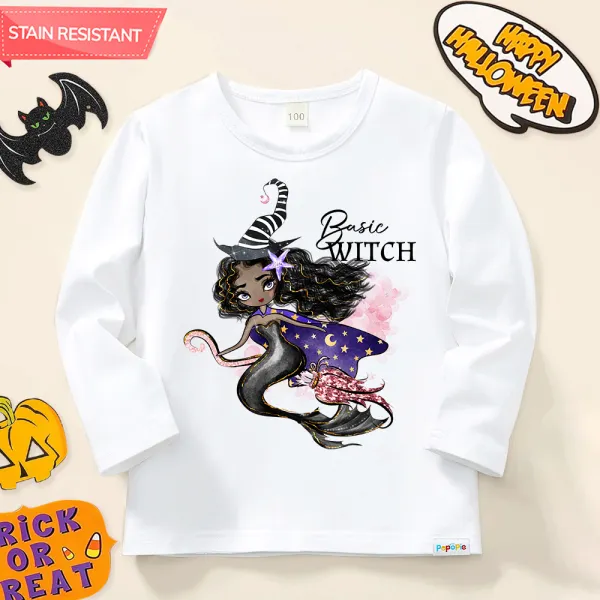 【12M-9Y】Girls Cotton Stain Resistant Halloween Mermaid Print Long Sleeve Tee - Popopieshop.com 