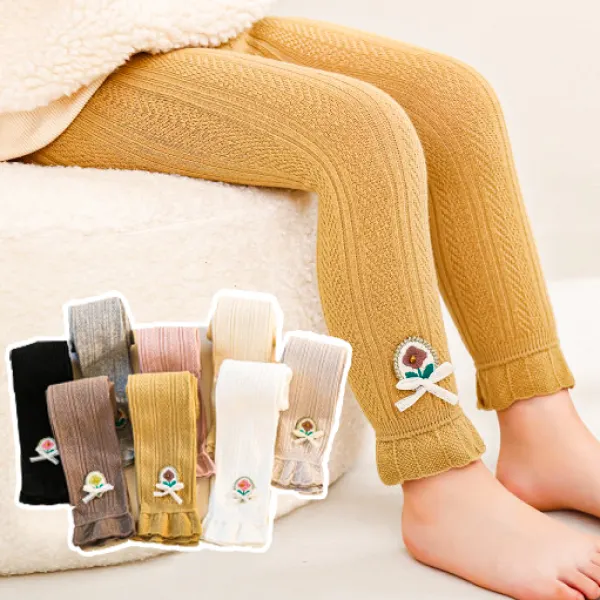 【12M-7Y】Girls Sweet Bow Floral Embroidered Ruffle Leggings - Popopieshop.com 
