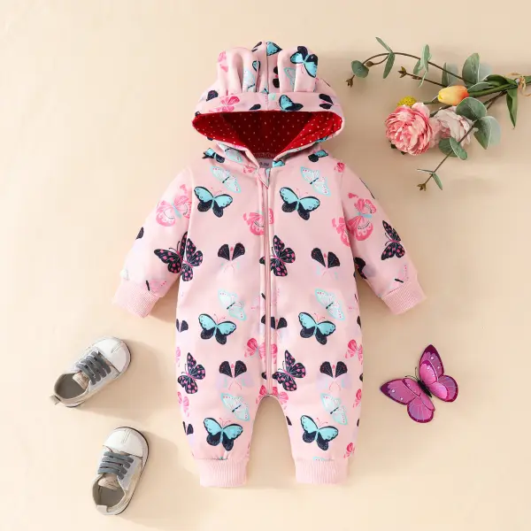 【0M-18M】Baby Girl's Cute Butterfly Print Hooded Romper - Popopieshop.com 