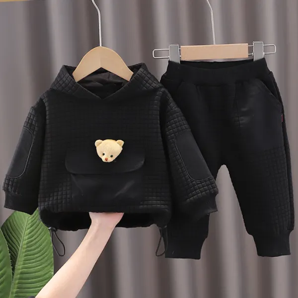 【6M-4Y】2-Piece Boys' Casual Bear Pocket Design Hooded Sweatshirt And Pants Set - Popopieshop.com 