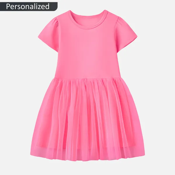 【12M-7Y】Personalized Girl Cotton Stain Resistant Bow Giraffe And Flower Print Splicing Tulle Short Sleeve Dress - Popopieshop.com 