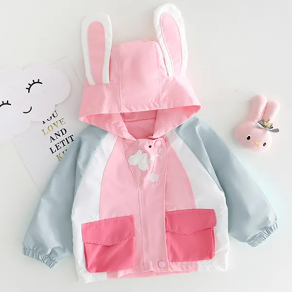 【12M-5Y】Girls Cute Rabbit Embroidered Colorblock Hooded Windbreaker Jacket - Popopieshop.com 