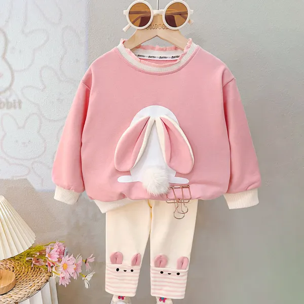 【12M-5Y】2-Piece Girl Rabbit Ears Round Neck ColorBlock Sweatshirt And Pants Set Only $6.99 - Popopie.com 