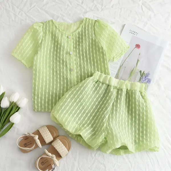 【18M-9Y】Girl Sweet Chiffon Light Green Puff Sleeve Top And Balloon Shorts Set - Popopieshop.com 