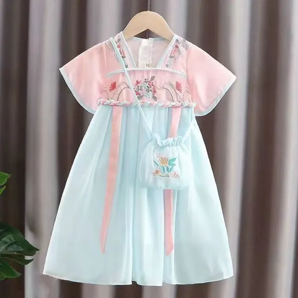 【18M-10Y】Girl Retro Sweet Floral Embroidered Chiffon Chinese Style Tang Suit Short-sleeved Dress With Crossbody Bag - Popopieshop.com 