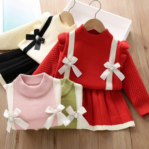 【18M-6Y】2-piece Girls Bow Long Sleeve Sweater And Skirt Set - Popopieshop.com 