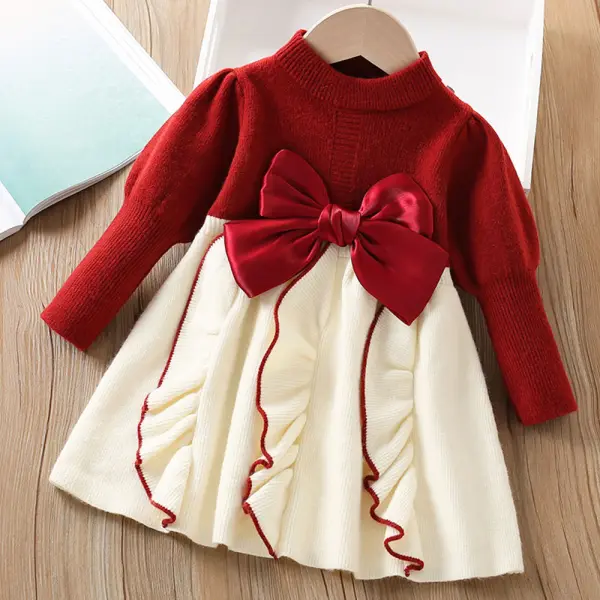 【18M-6Y】Girls Bow Ruffle Long Sleeve Sweater Dress - Popopieshop.com 