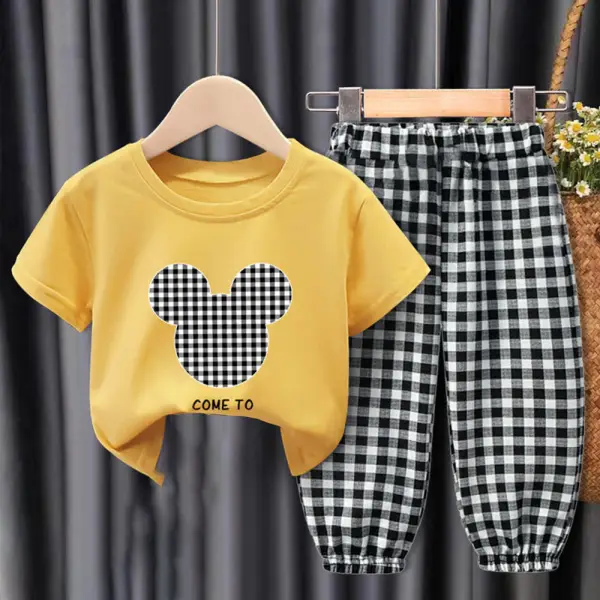 【18M-9Y】Unisex Kids Cartoon Print Short-sleeved T-shirt And Plaid Pants Set - Popopieshop.com 