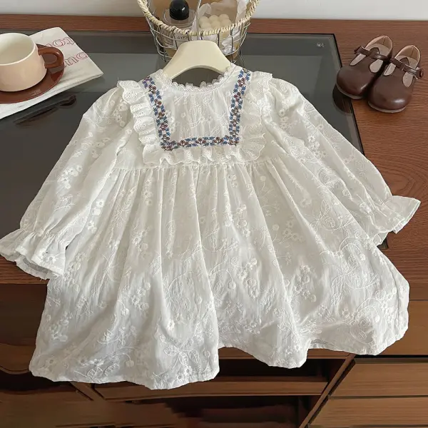 【18M-8Y】Girls White Lace Embroidered Long Sleeve Dress - Popopieshop.com 