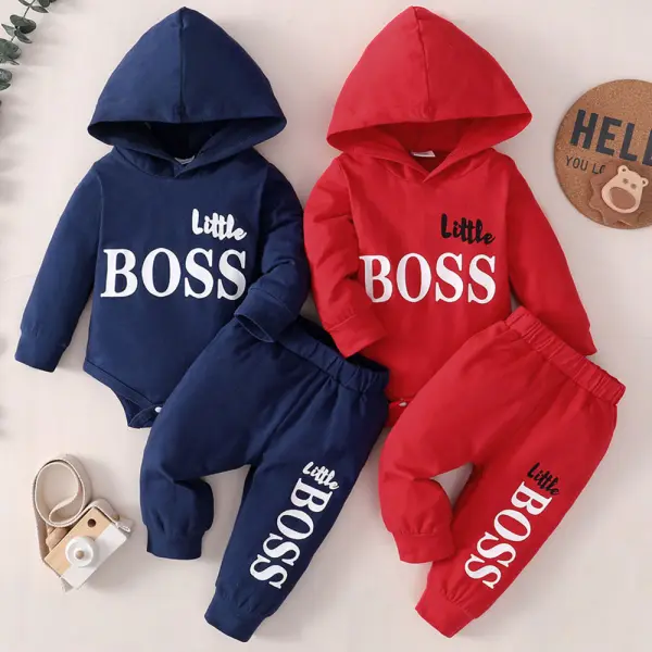 【0M-24M】2-piece Baby Boy Letter Print Long-sleeved Hooded Romper And Pants Set - Popopieshop.com 