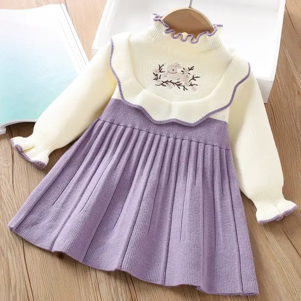【18M-6Y】Girls Bunny Embroidered Long Sleeve Sweater Dress - Popopieshop.com 