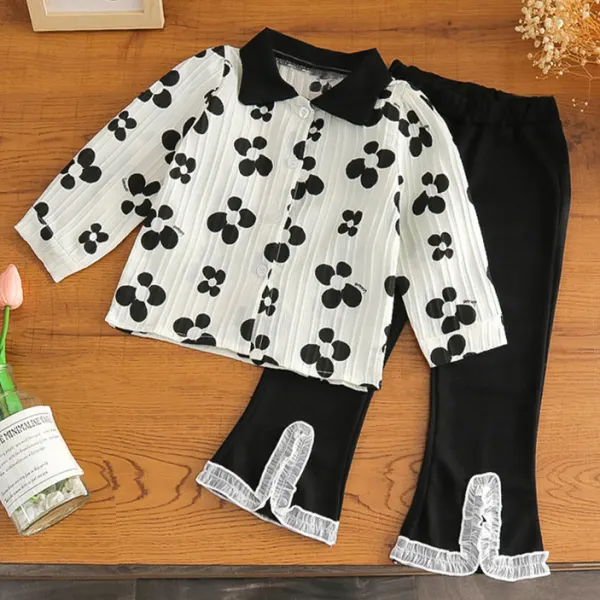 【3Y-10Y】2-piece Girls Stylish Flower Printed Floral White Shirt And Black Pants Set - Popopieshop.com 