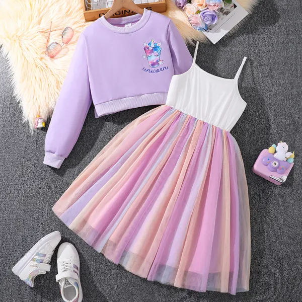 【7Y-12Y】2-piece Girls Stylish Rainbow Color Striped Mesh Sling Dress And Unicorn Print Purple Sweatshirt Set - Popopieshop.com 
