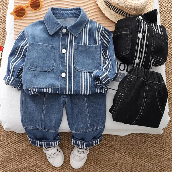 【6M-4Y】2-piece Boys Stylish Striped Blue Denim Jacket And Jeans Set - Popopieshop.com 