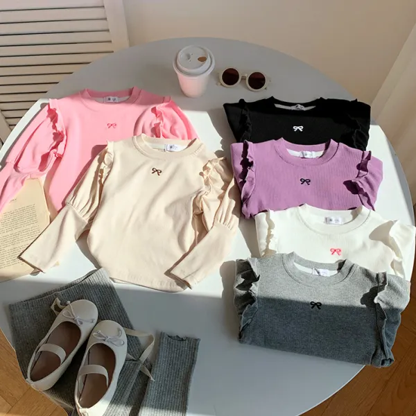 【18M-8Y】Girls Sweet Bow Embroidered Ruffle Bubble Sleeve T-shirt - Popopieshop.com 