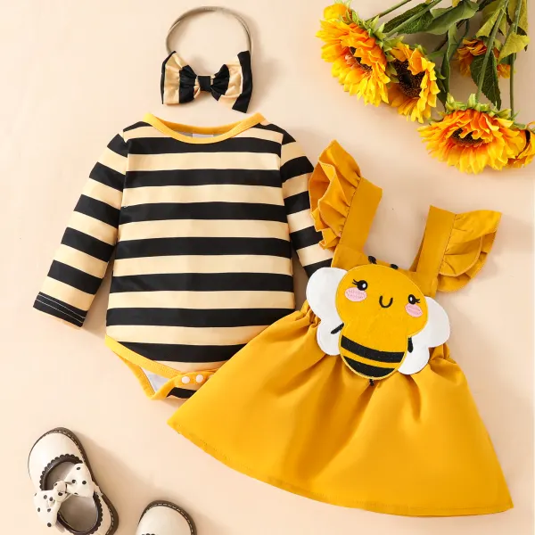【0M-18M】3-piece Baby Girl Cute Striped Romper And Bee Embroidered Yellow Dress Set With Bow Hairband - Popopieshop.com 