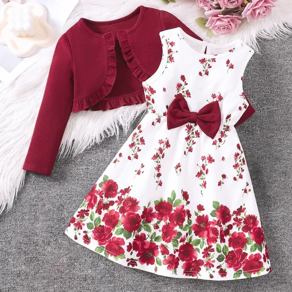 【18M-6Y】2-piece Girls Stylish Floral Print Dress And Ruffle Burgundy Cardigan Set - Popopieshop.com 