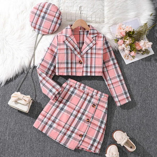 【7Y-11Y】3-piece Girls Stylish Pink Plaid Top And Skirt Set With Hat - Popopieshop.com 