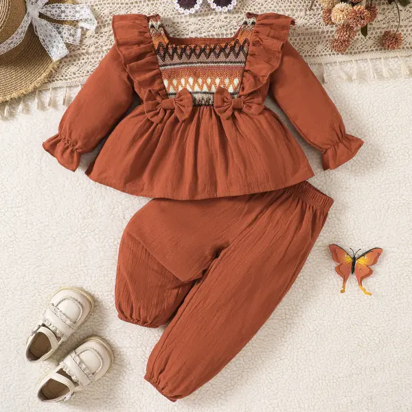 【3M-3Y】2-piece Baby Girl Cute Ruffled Bowknot Long Sleeve Top And Pants Set - Popopieshop.com 