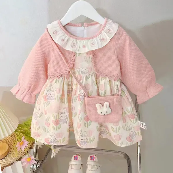 【12M-5Y】2-piece Girls Cute Fake Two Piece Rabbit Print Ruffled Long Sleeve Dress With Crossbody Bag - Popopieshop.com 