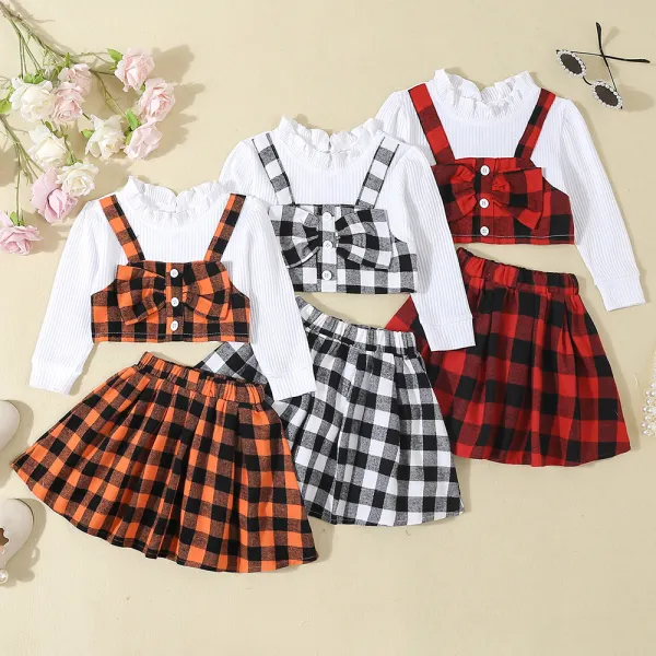 【6M-4Y】Girls Casual Fake Two-piece Ruffled Long-sleeved T-shirt And Plaid Pleated Skirt Set - Popopieshop.com 