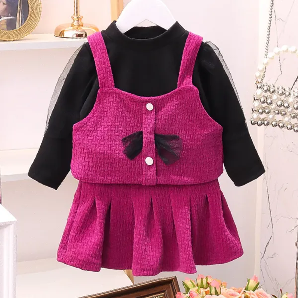 【18M-8Y】3-piece Girls Retro Solid Color Puff Sleeve T-shirt Corduroy Sleeveless Top And Pleated Skirt Set - Popopieshop.com 