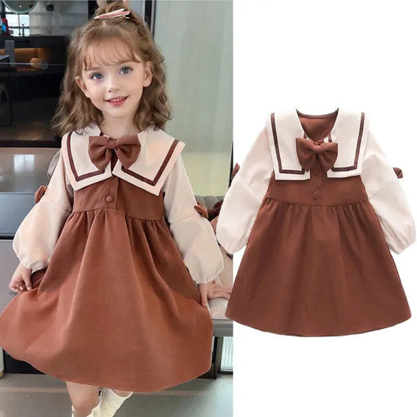 【18M-6Y】Girls Retro Fake Two Piece Colorblock Bowknot Puff Sleeve Dress - 33493 - Popopieshop.com 