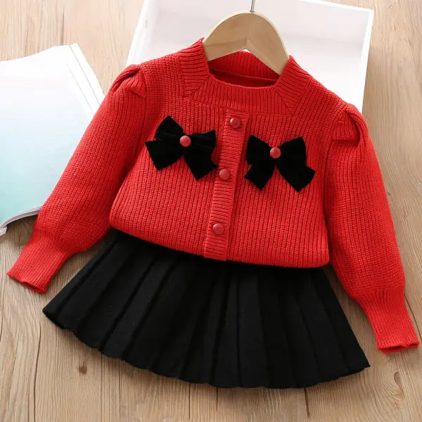 【18M-6Y】2-piece Girls Bow Long Sleeve Sweater And Skirt Set - Popopieshop.com 