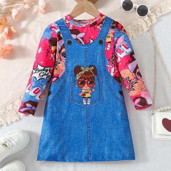 【3Y-8Y】Girls Rose Cartoon Print Fake Two Piece Long Sleeve Dress - Popopieshop.com 
