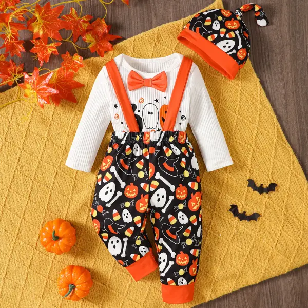 【0M-18M】3-piece Baby Boys Halloween Print Long Sleeve Romper And Pants Set With Hat - Popopieshop.com 