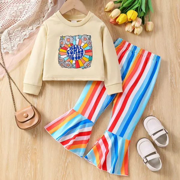 【18M-6Y】2-piece Girls Floral Letter Print Long Sleeve Sweatshirt And Rainbow Stripe Print Pants Set - Popopieshop.com 