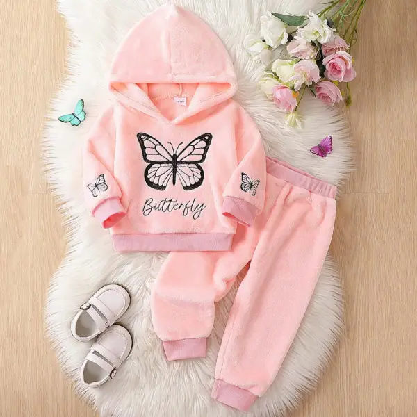 【18M-6Y】2-piece Girls Thick Flannel Butterfly Embroidered Hooded Sweatshirt And Pants Set - Popopieshop.com 