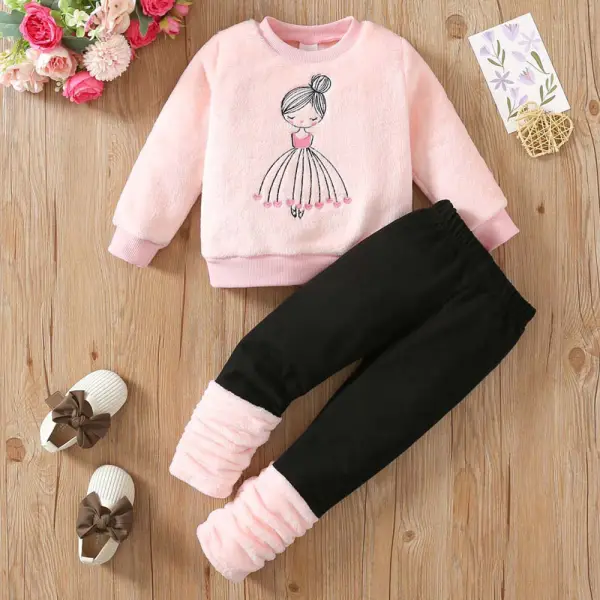 【18M-6Y】2-piece Girls Thick Flannel Cartoon Embroidery Long Sleeve Sweatshirt And Pants Set - Popopieshop.com 