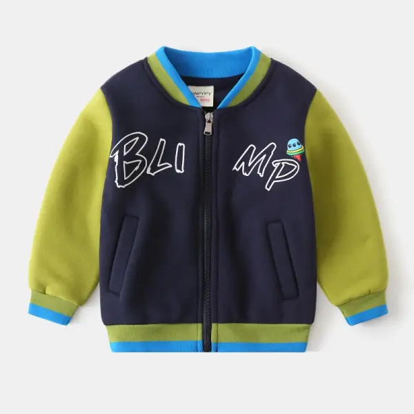 【18M-8Y】Boys Navy Thick Fleece Letter Print Baseball Jacket - Popopieshop.com 