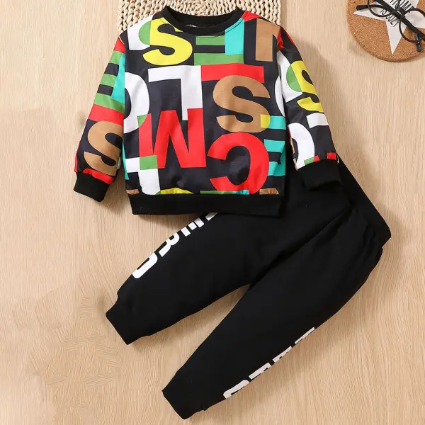 【18M-6Y】2-piece Boys Letter Print Round Neck Long Sleeve Sweatshirt And Pants Set - Popopieshop.com 