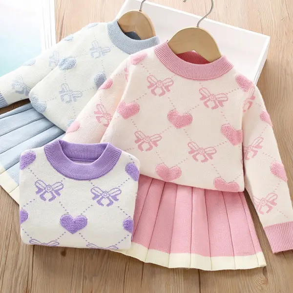 【18M-6Y】2-piece Girls Heart Bow Pattern Long Sleeve Sweater And Skirt Set - Popopieshop.com 