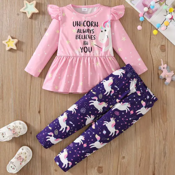 【1Y-8Y】2-piece Girls Unicorn Print Round Neck Long Sleeve T-shirt And Pants Set - Popopieshop.com 