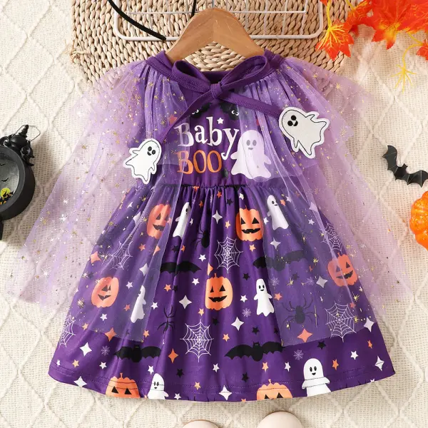 【6M-3Y】2-piece Baby Girl Purple Halloween Print Sleeveless Dress And Mesh Cape Set - Popopieshop.com 