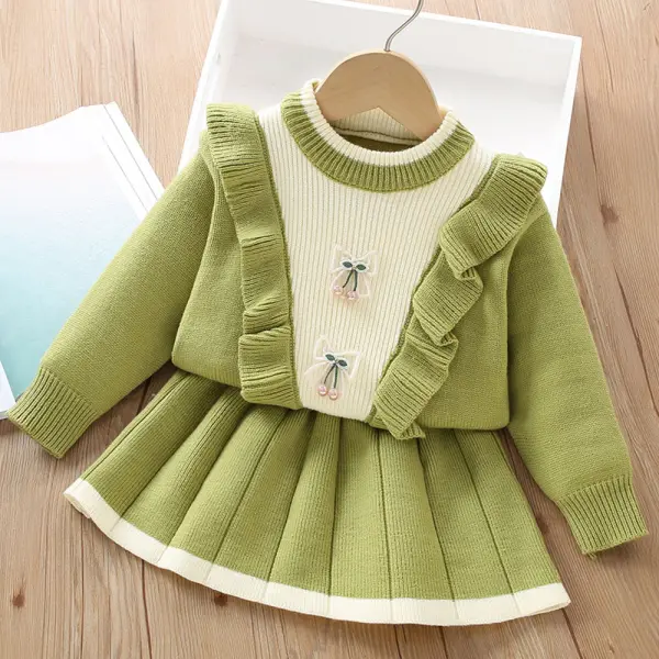 【18M-6Y】2-piece Girls Bow Applique Ruffle Long Sleeve Sweater And Skirt Set - Popopieshop.com 