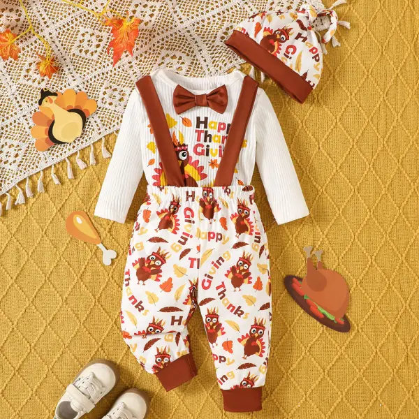 【0M-18M】3-piece Baby Boys Thanksgiving Turkey Print Long Sleeve Romper And Pants Set With Hat - Popopieshop.com 