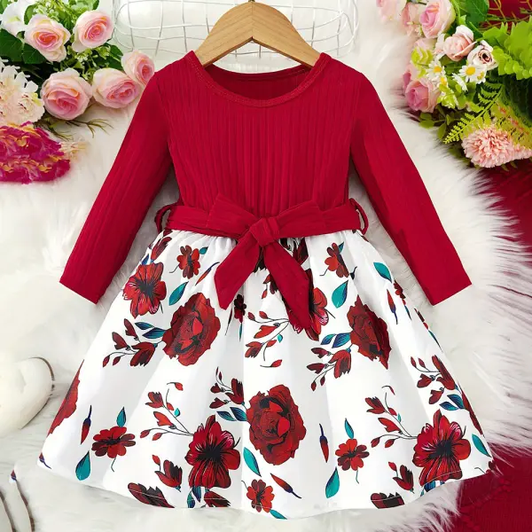 【2Y-8Y】Girls Red Floral Long Sleeve Dress - Popopieshop.com 