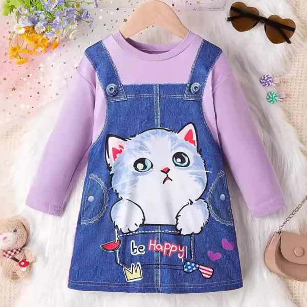 【2Y-8Y】Girls Purple Cat Print Fake Two Piece Long Sleeve Dress - Popopieshop.com 